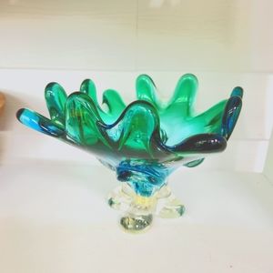 Chunky Bi-color Lorraine Canada  Art Glass Piecrust Hand Blown Centerpiece